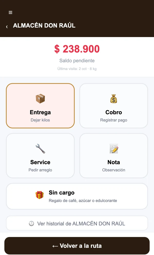 Ficha del cliente con Entrega, Cobro, Service y Nota