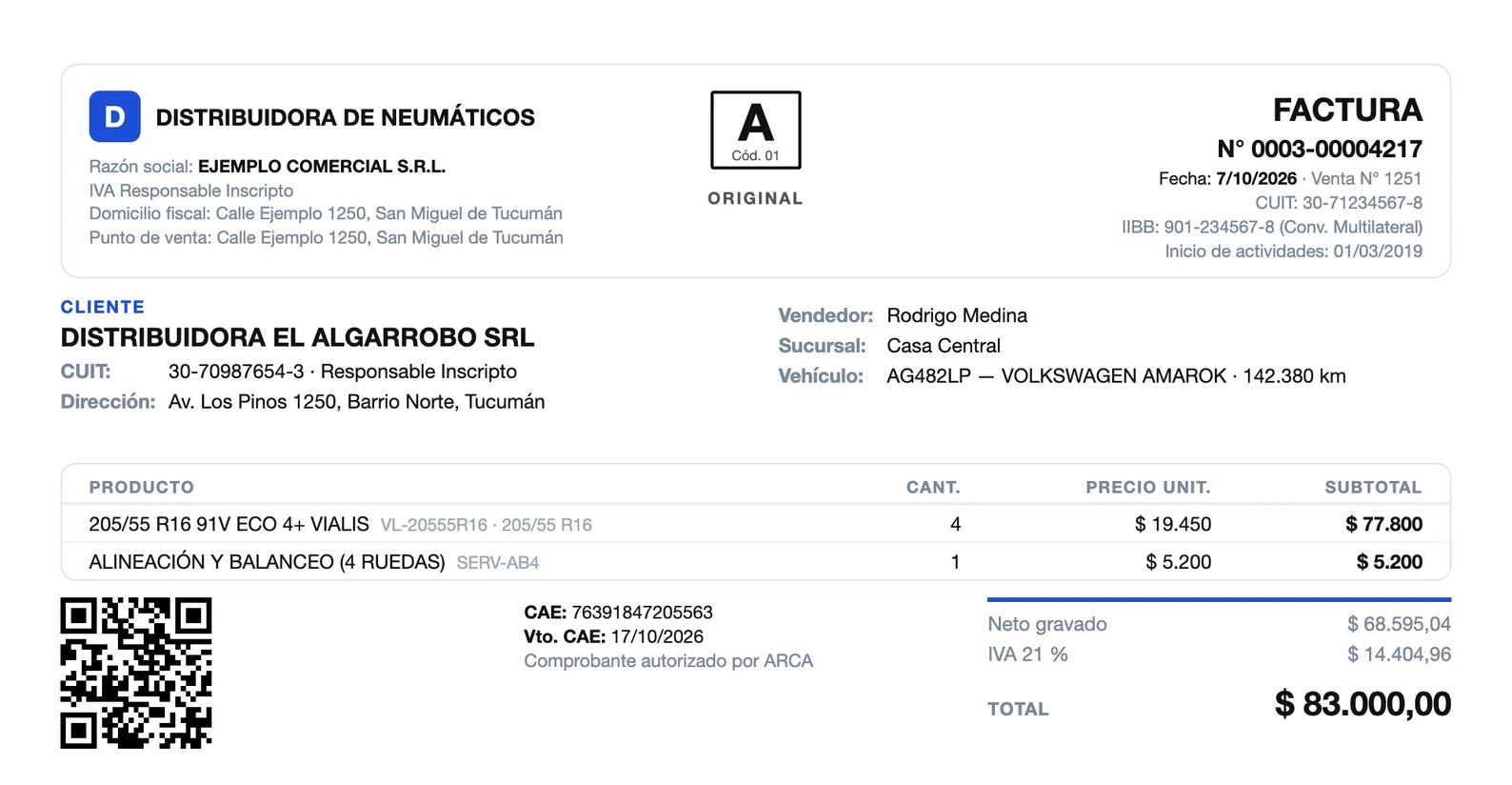 Factura A emitida desde el sistema de Bestani con CAE y QR de ARCA