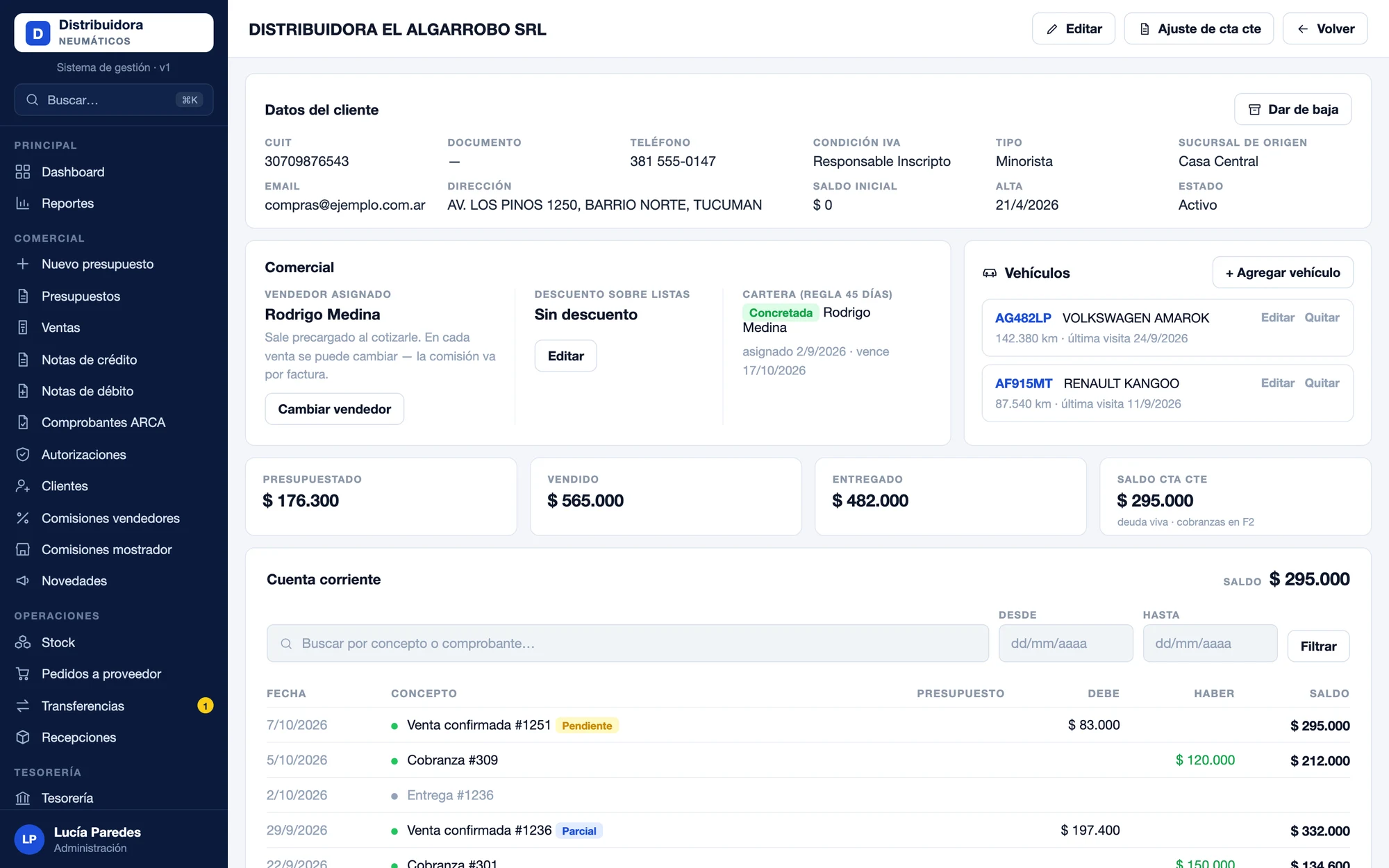 Ficha de un cliente en el sistema de Bestani: datos, vendedor, vehículos y cuenta corriente