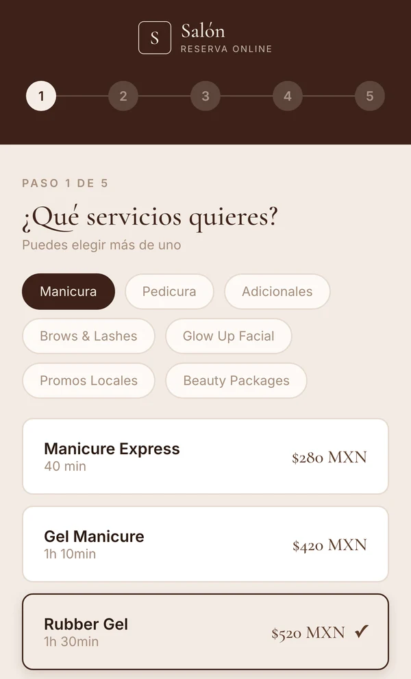 Reserva online de Maru Nails: servicios por categoría con duración y precio